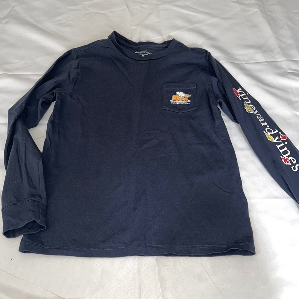 Vineyard Vines Boys Navy Long Sleeve Pocket Tee with Sleeve Logo